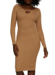 V-neck Knit Sweater Ribbed Keyhole Long Sleeves Midi Dress With Rhinestones