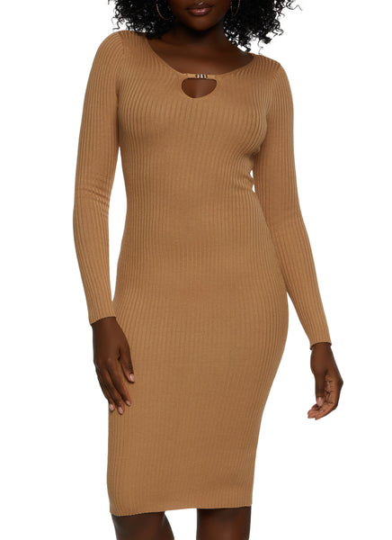 V-neck Knit Sweater Long Sleeves Ribbed Keyhole Midi Dress With Rhinestones