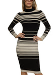 Mock Neck Long Sleeves Striped Print Sweater Midi Dress