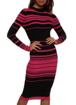 Striped Print Long Sleeves Sweater Mock Neck Midi Dress