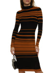 Long Sleeves Sweater Striped Print Mock Neck Midi Dress