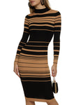 Long Sleeves Striped Print Sweater Mock Neck Midi Dress