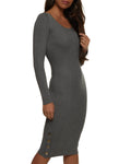 Ribbed Long Sleeves Knit Sweater Scoop Neck Midi Dress