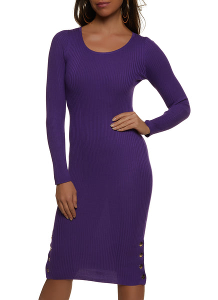 Ribbed Sweater Long Sleeves Knit Scoop Neck Midi Dress