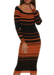 Long Sleeves Off the Shoulder Sweater Striped Print Midi Dress