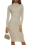 Long Sleeves Ruched High-Neck Bodycon Dress/Midi Dress
