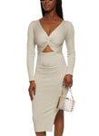 V-neck Cutout Ribbed Long Sleeves Knit Bodycon Dress/Midi Dress