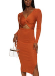 V-neck Long Sleeves Ribbed Cutout Knit Bodycon Dress/Midi Dress