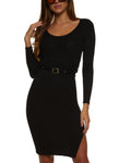 Belted Ribbed Sweater Long Sleeves Scoop Neck Knit Midi Dress