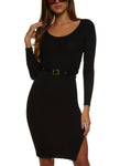 Long Sleeves Sweater Knit Scoop Neck Ribbed Belted Midi Dress