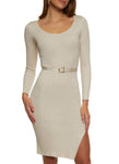 Scoop Neck Belted Ribbed Long Sleeves Sweater Knit Midi Dress