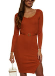 Scoop Neck Belted Ribbed Sweater Knit Long Sleeves Midi Dress