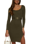 Long Sleeves Belted Ribbed Sweater Knit Scoop Neck Midi Dress