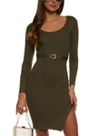 Knit Scoop Neck Long Sleeves Sweater Ribbed Belted Midi Dress