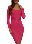 Belted Ribbed Scoop Neck Sweater Long Sleeves Knit Midi Dress