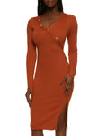 V-neck Snap Closure Ribbed Asymmetric Knit Long Sleeves Bodycon Dress/Midi Dress