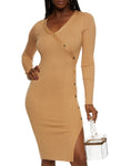 V-neck Long Sleeves Ribbed Asymmetric Snap Closure Knit Bodycon Dress/Midi Dress