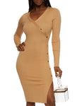 V-neck Long Sleeves Knit Ribbed Asymmetric Snap Closure Bodycon Dress/Midi Dress