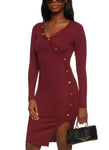 V-neck Knit Snap Closure Asymmetric Ribbed Long Sleeves Bodycon Dress/Midi Dress