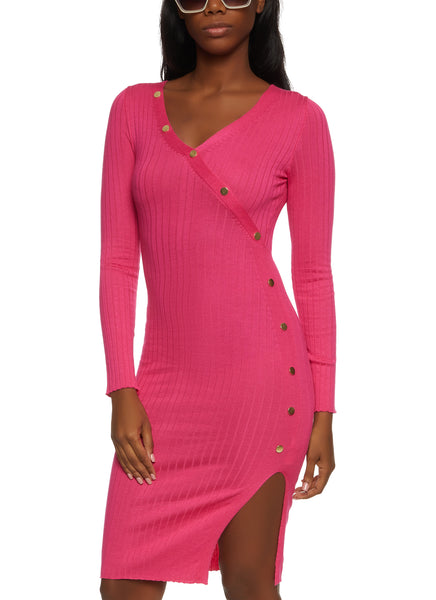 V-neck Long Sleeves Knit Ribbed Snap Closure Asymmetric Bodycon Dress/Midi Dress