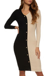 V-neck Sweater Ribbed Button Front Long Sleeves Knit Midi Dress