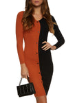 V-neck Long Sleeves Button Front Ribbed Sweater Knit Midi Dress