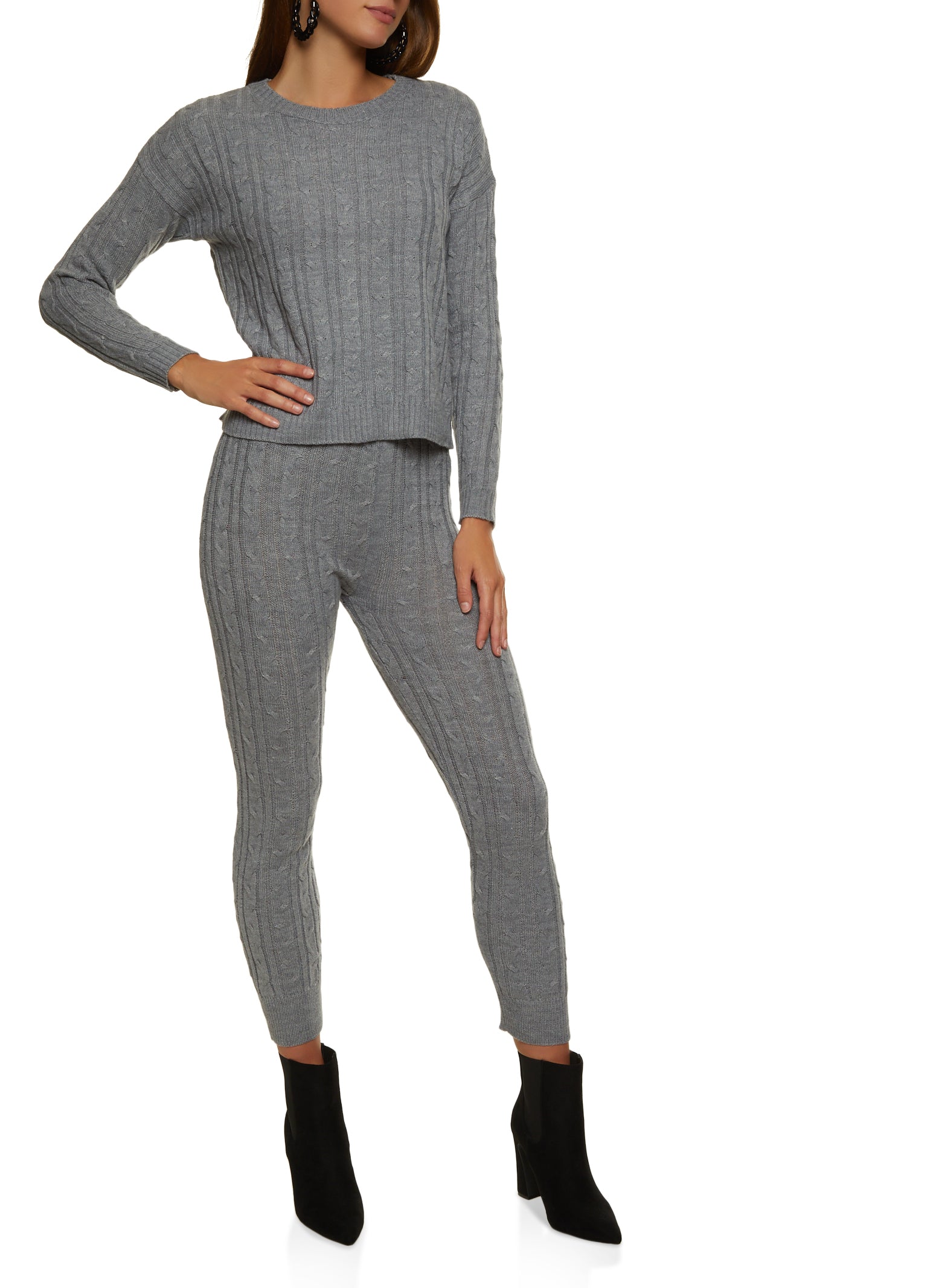 Womens Cable Knit Crew Neck Sweater and Leggings Set, Grey, Size L