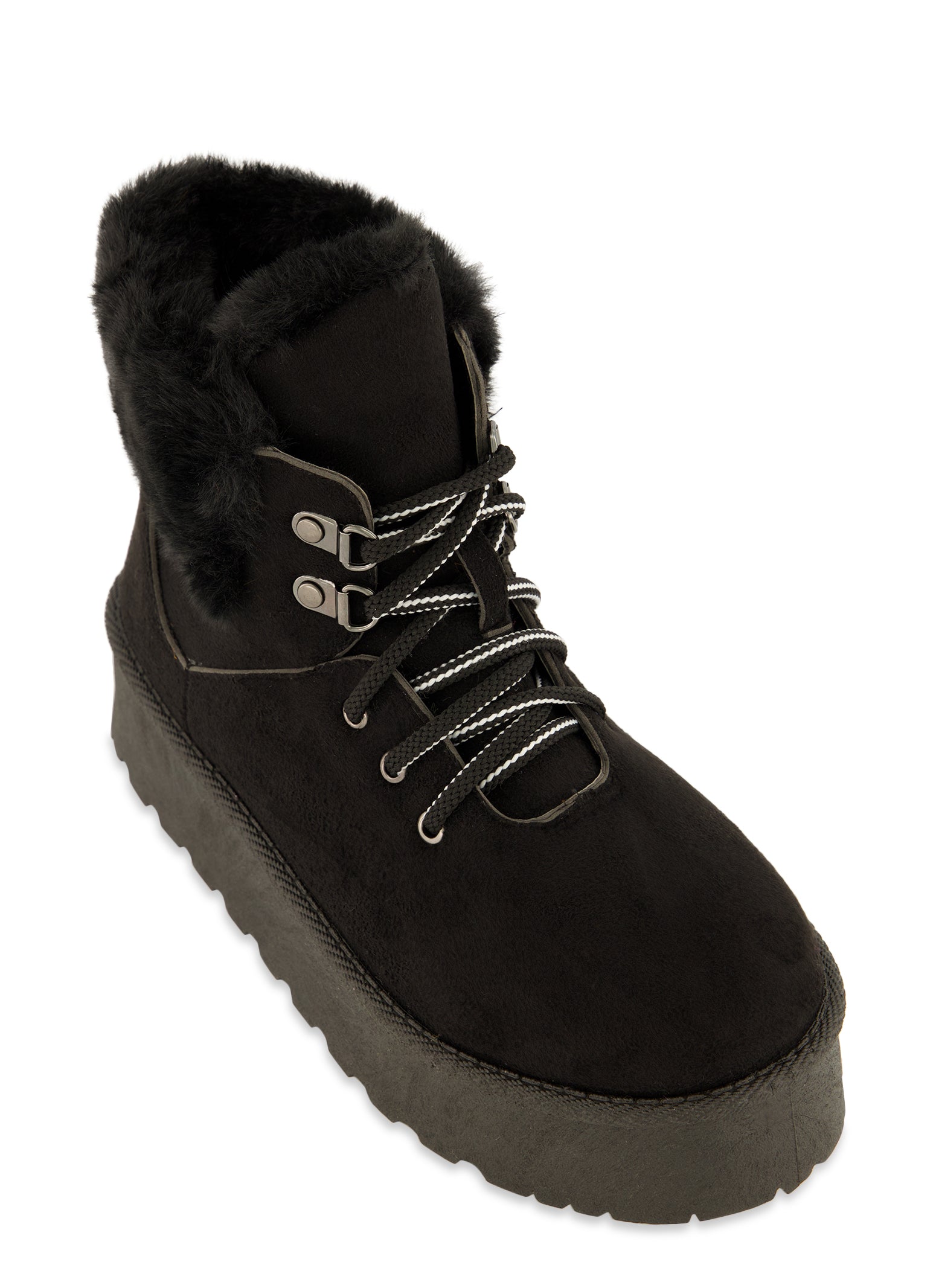 Womens Faux Fur Lined Lace Up Platform Booties,