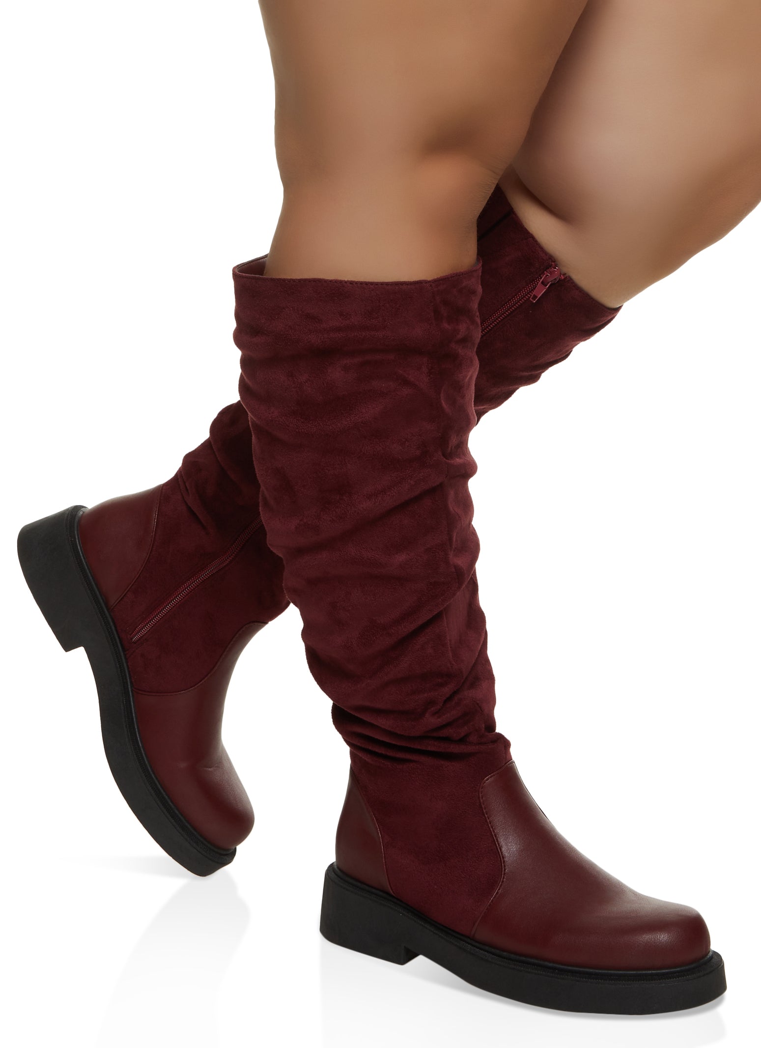 Womens Round Toe Ruched Wide Calf Boots, Burgundy, Size 6.5