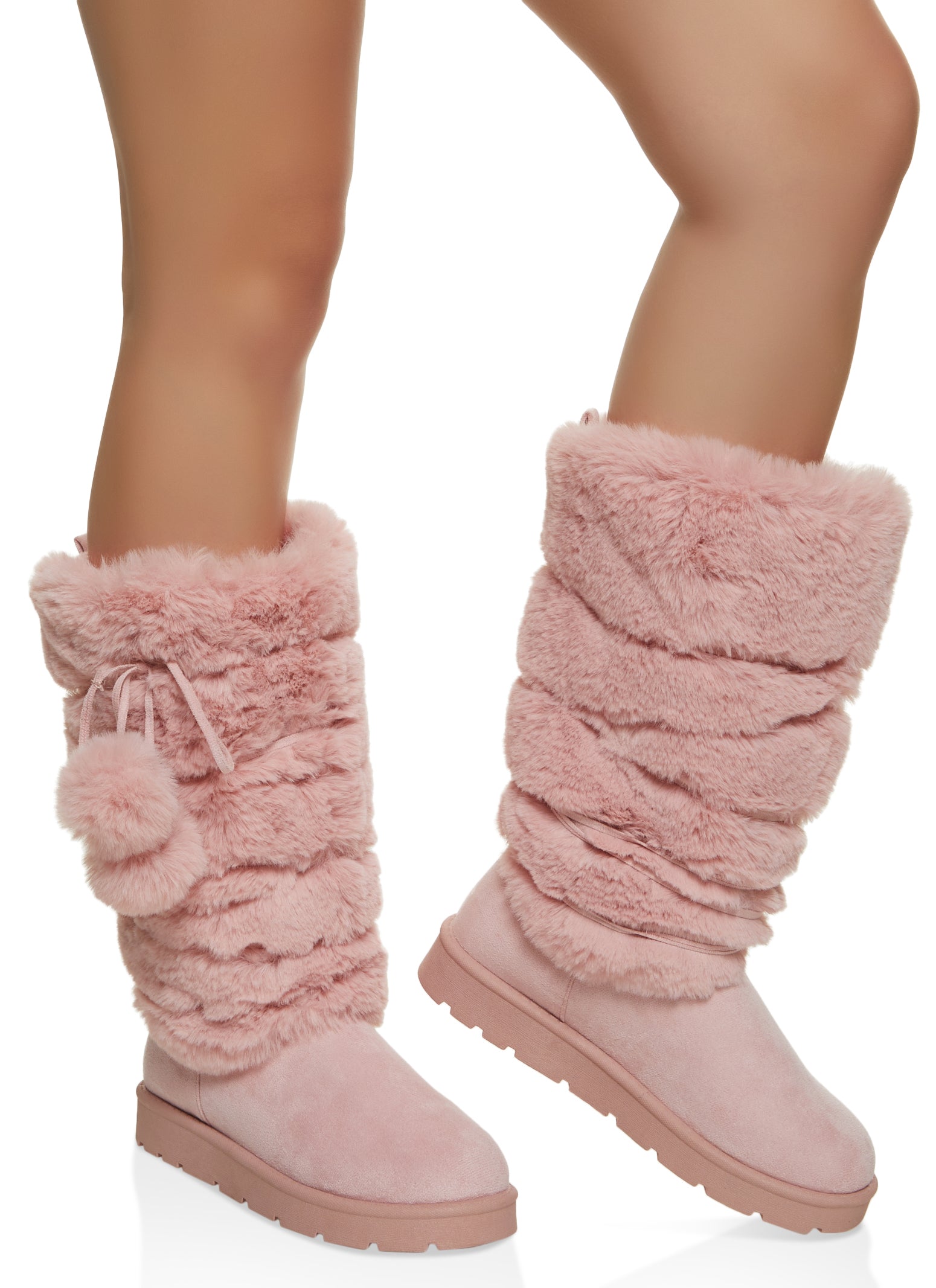 Womens Solid Faux Fur Pom Pom Tall Boots, Pink, Size 8.5