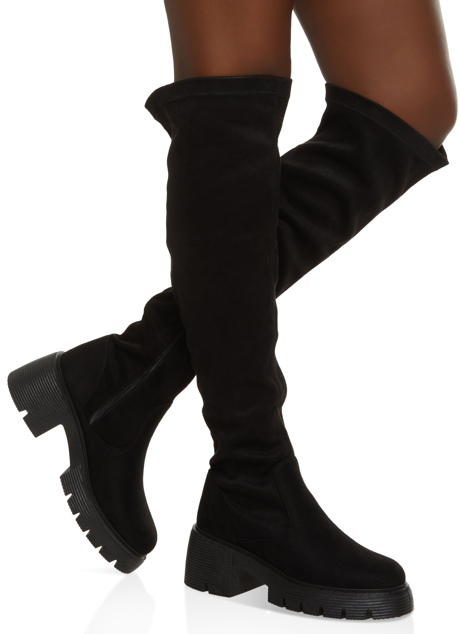 Womens Lug Sole Knee High Platform Boots, Black,