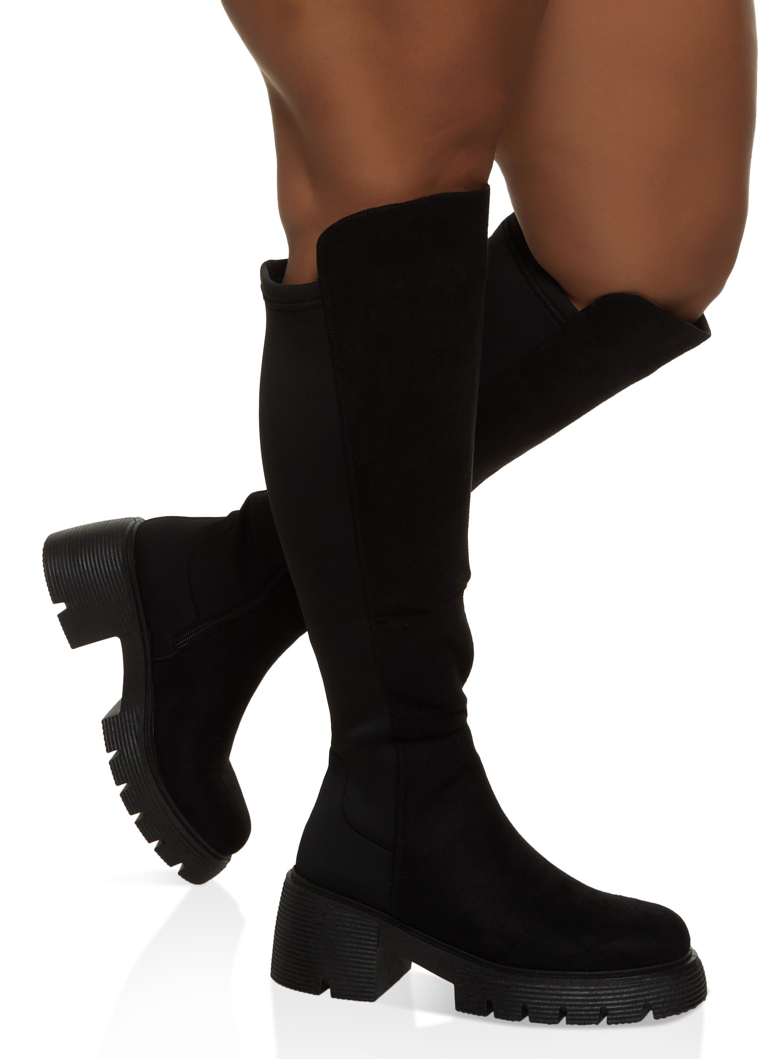 Womens Elastic Back Wide Calf Platform Tall Boots, Black,