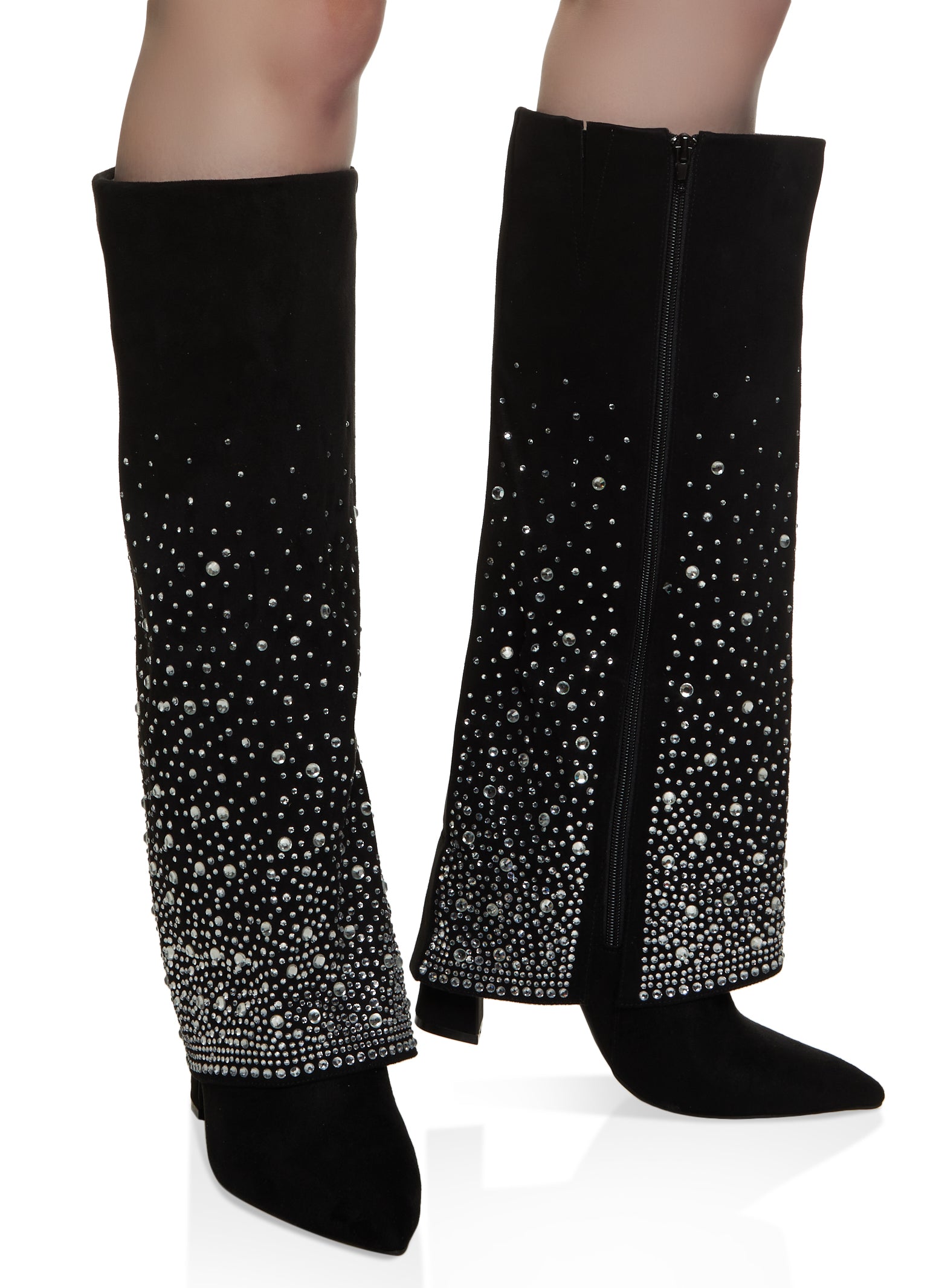 Womens Rhinestone Studded Fold Over Tall Boots,