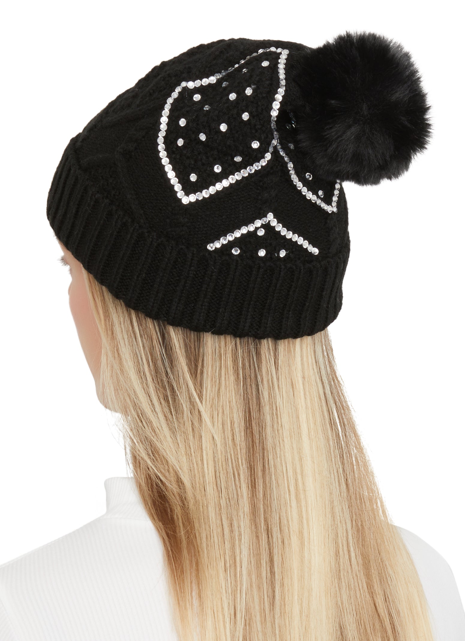 Womens Rhinestone Pom Pom Beanie, Black