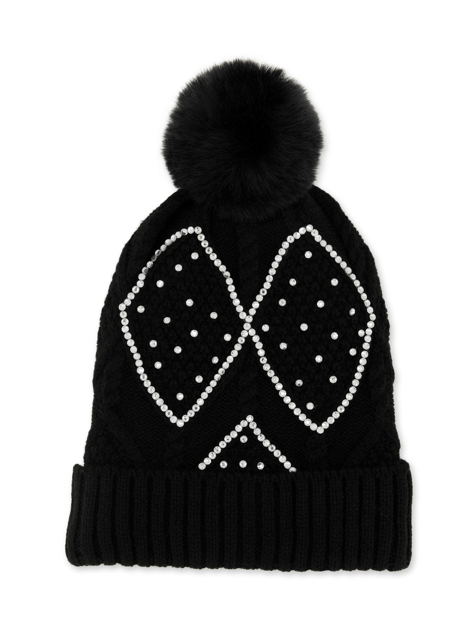 Womens Rhinestone Pom Pom Beanie, Black