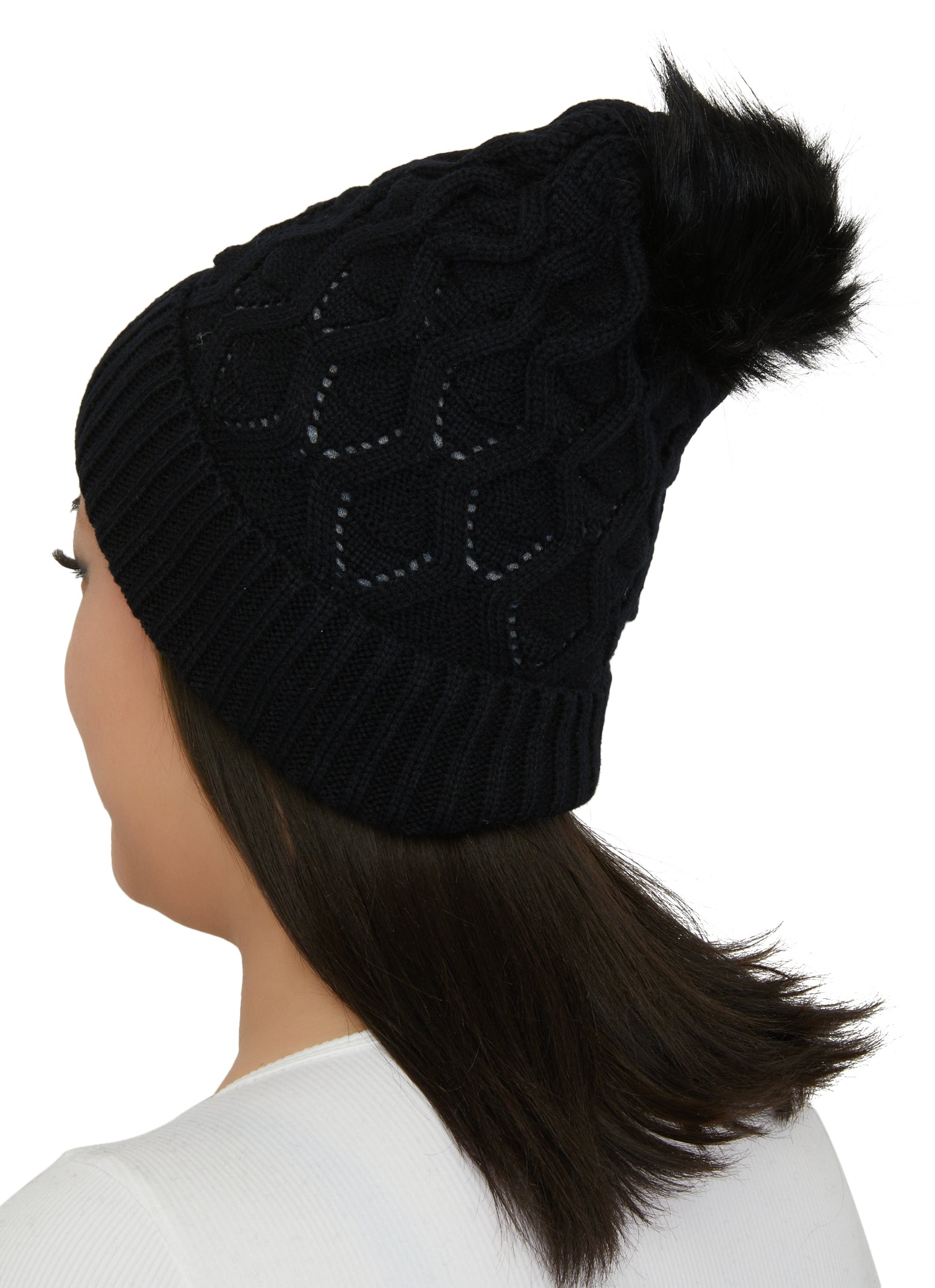 Womens Textured Knit Faux Fur Lined Pom Beanie,