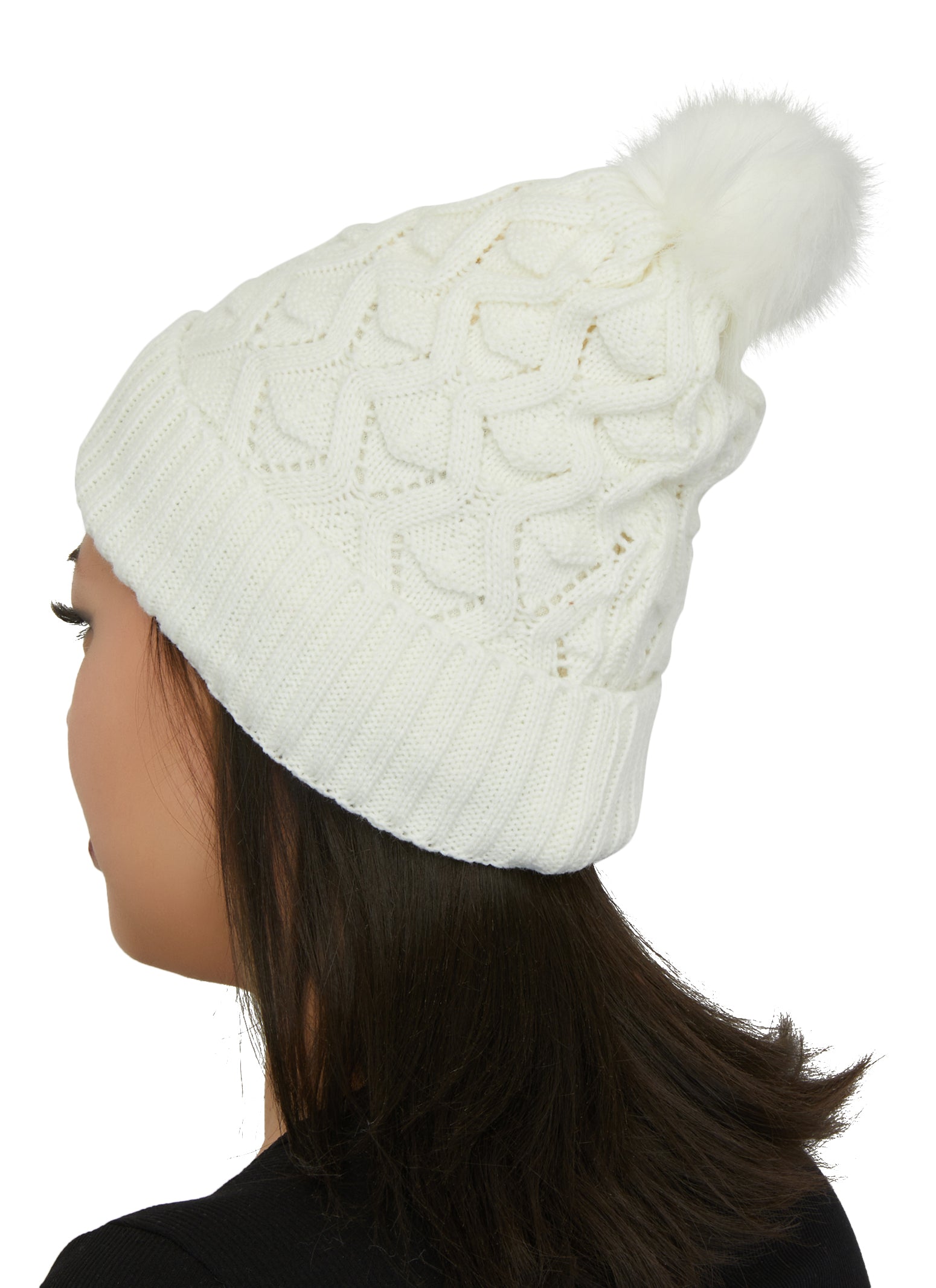 Womens Textured Knit Faux Fur Lined Pom Pom Beanie, White