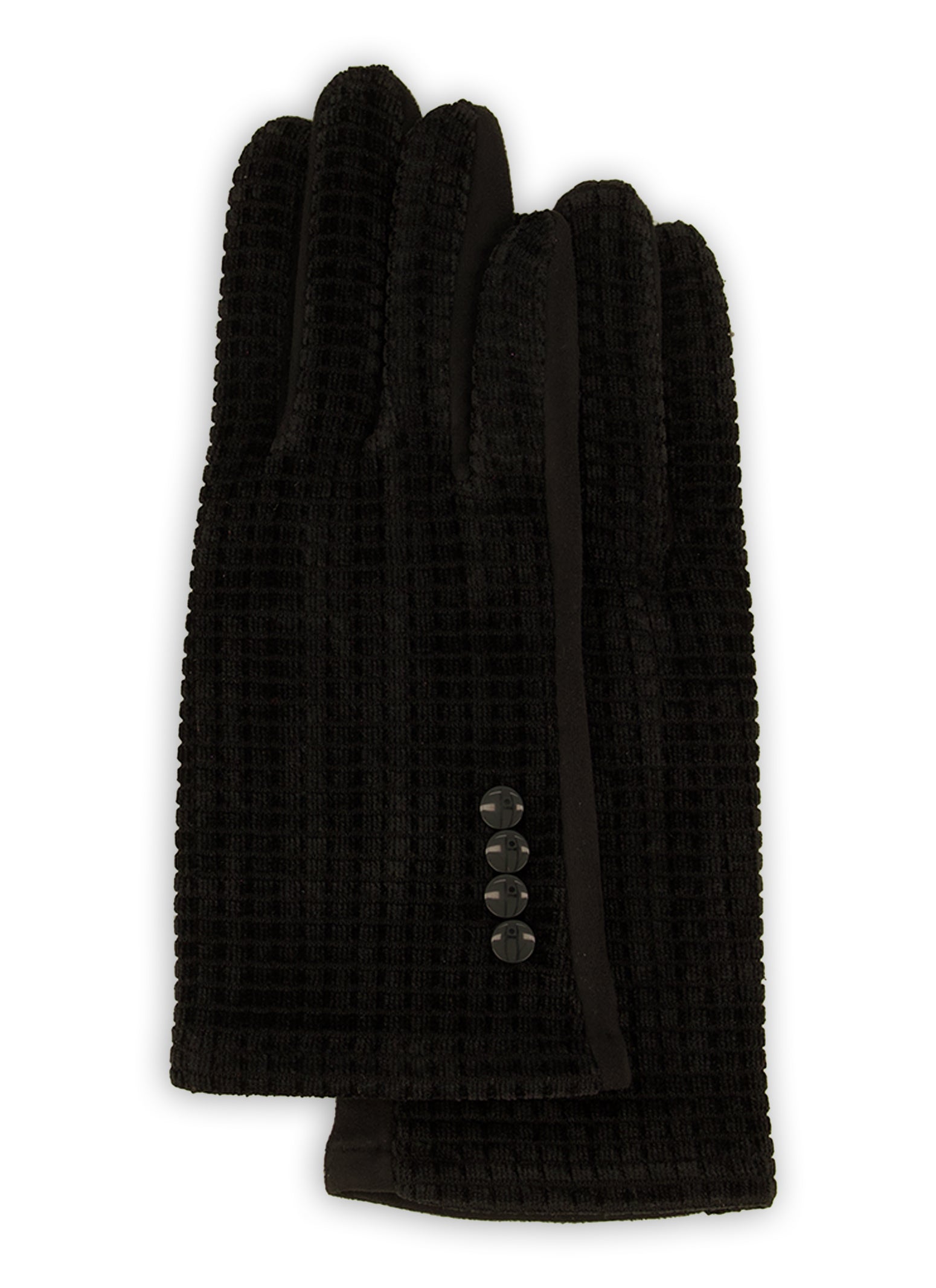 Womens Faux Suede Textured Knit Button Detail Gloves, Black