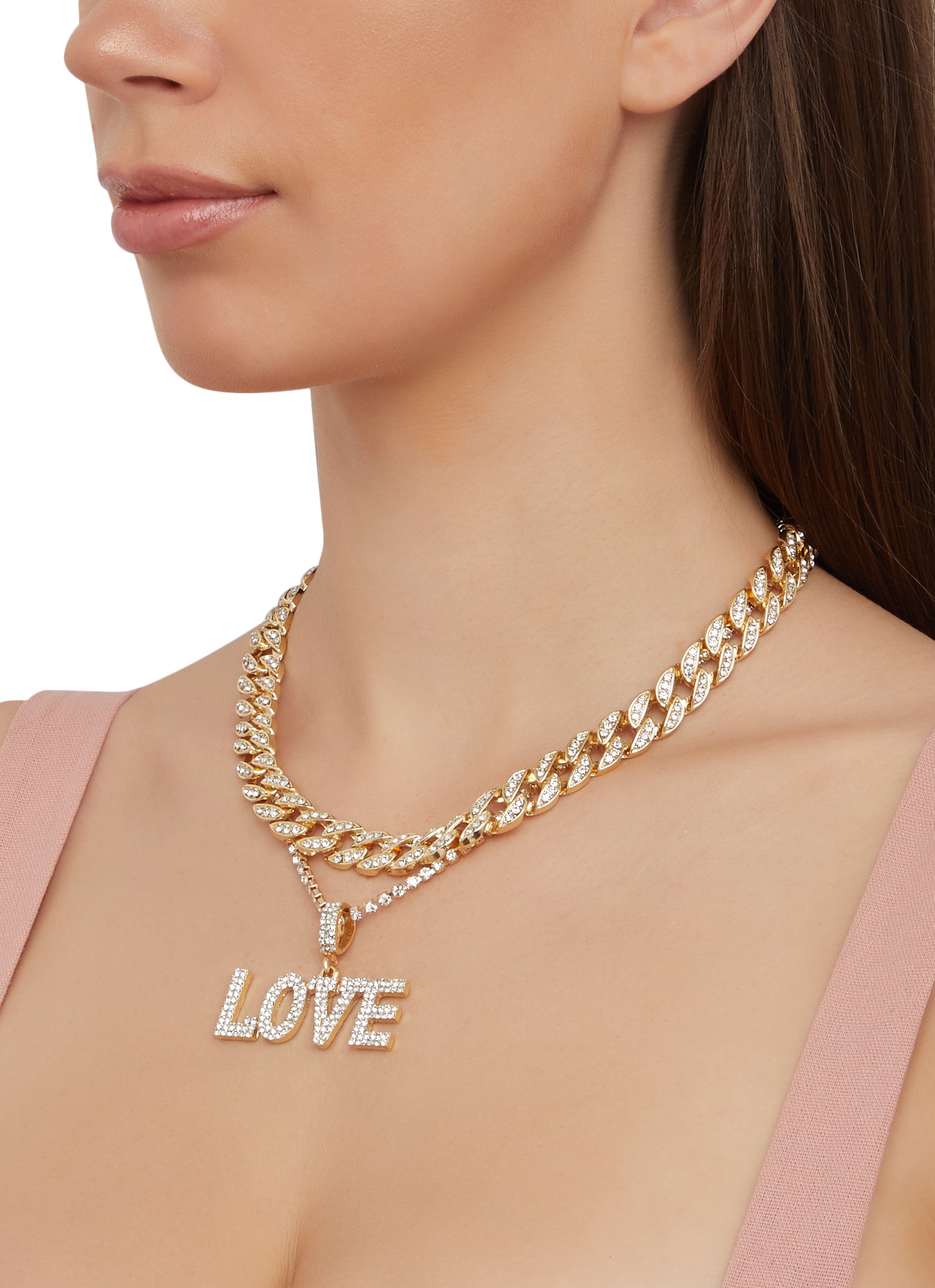 Womens Love Rhinestone Chain Necklace Set, Gold