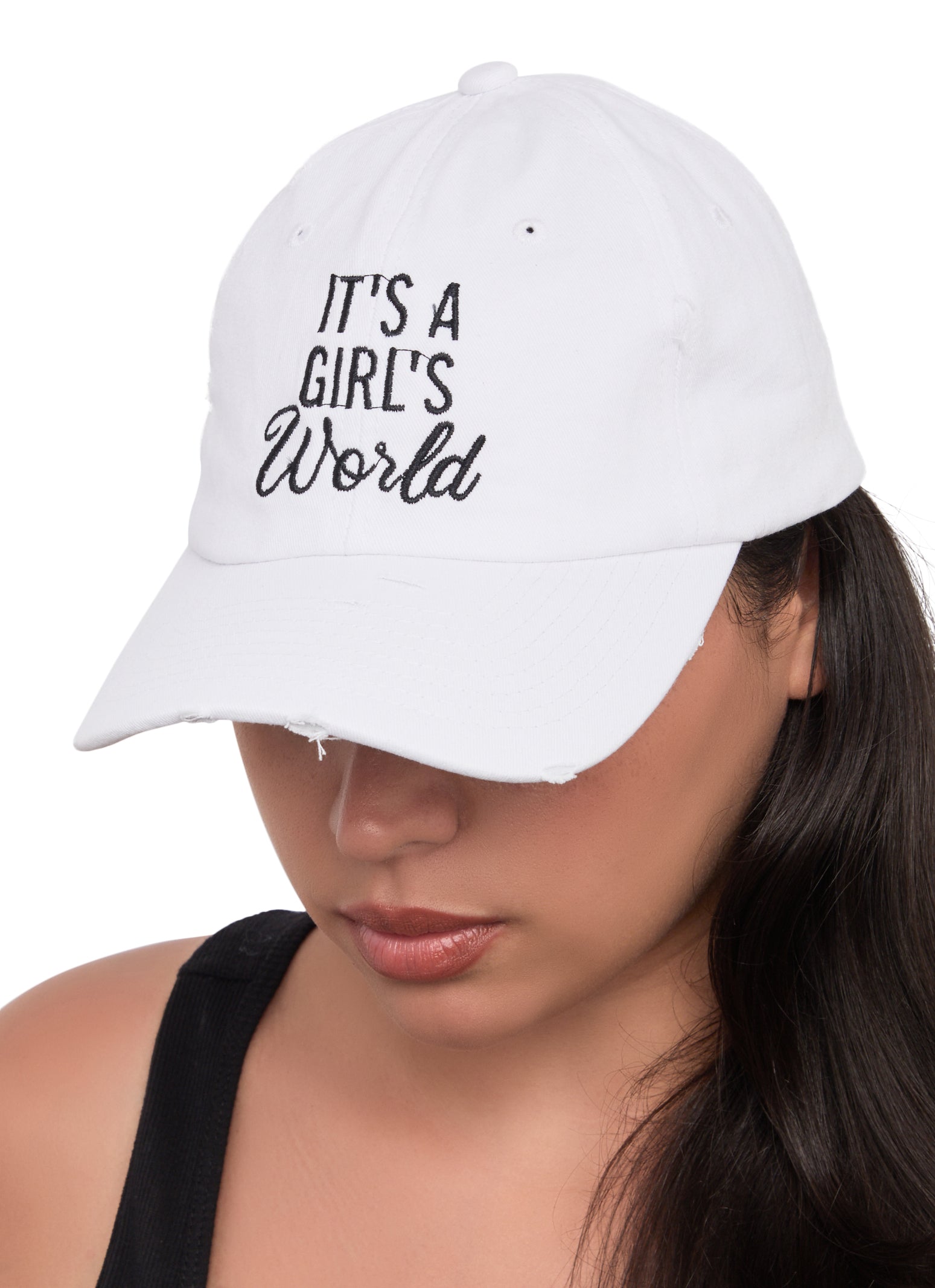 Womens Distressed Embroidered Graphic Baseball Hat, White