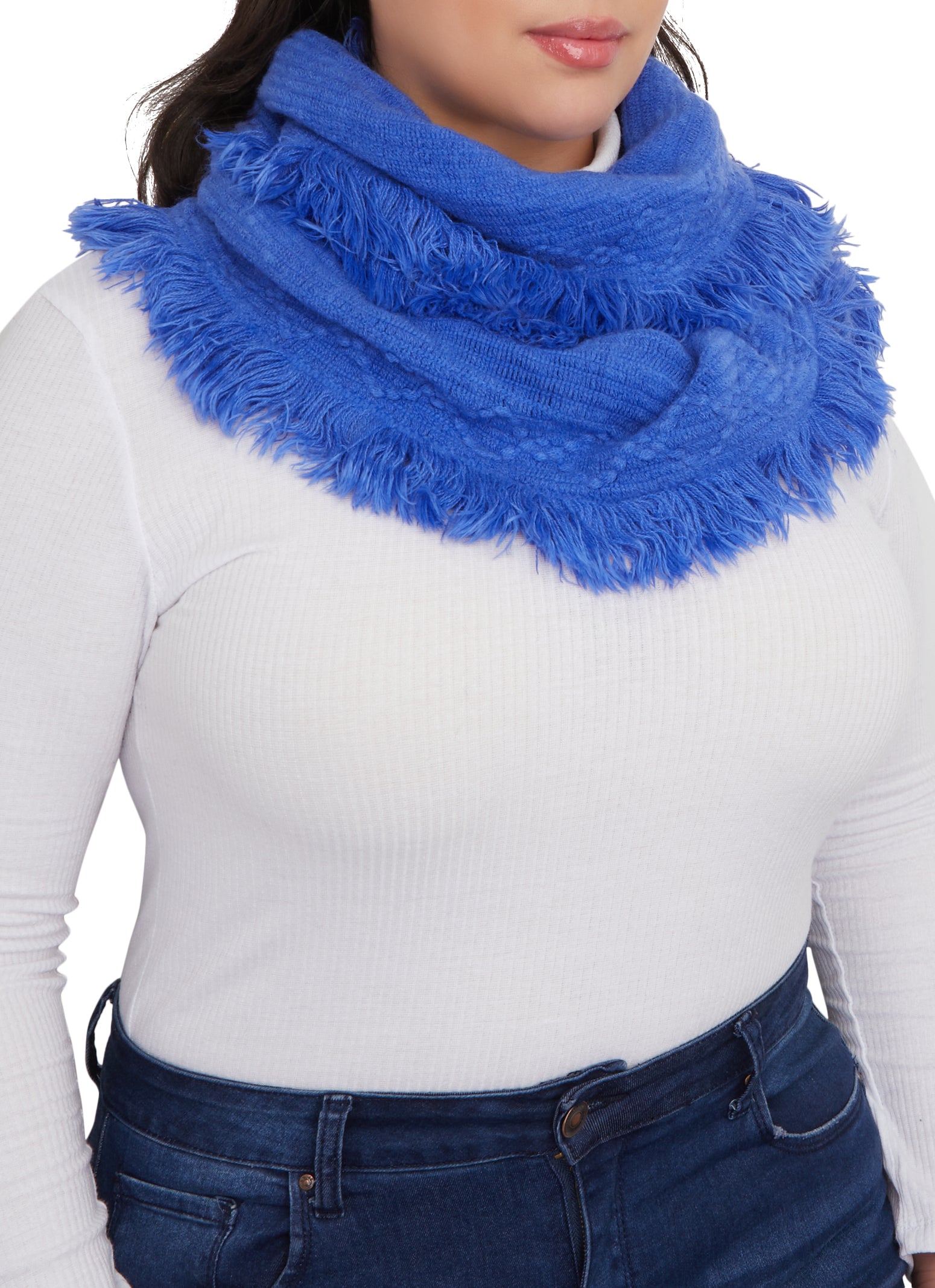 Womens Textured Knit Frayed Infinity Scarf, Blue