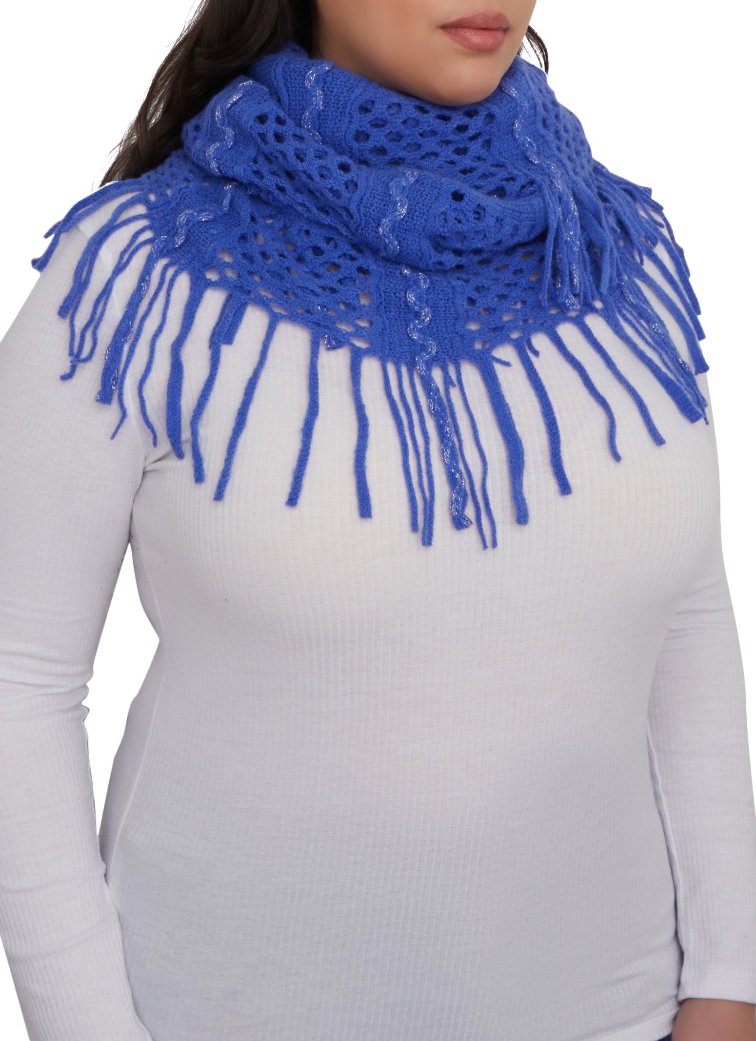 Womens Lurex Crotchet Knit Infinity Scarf, Blue