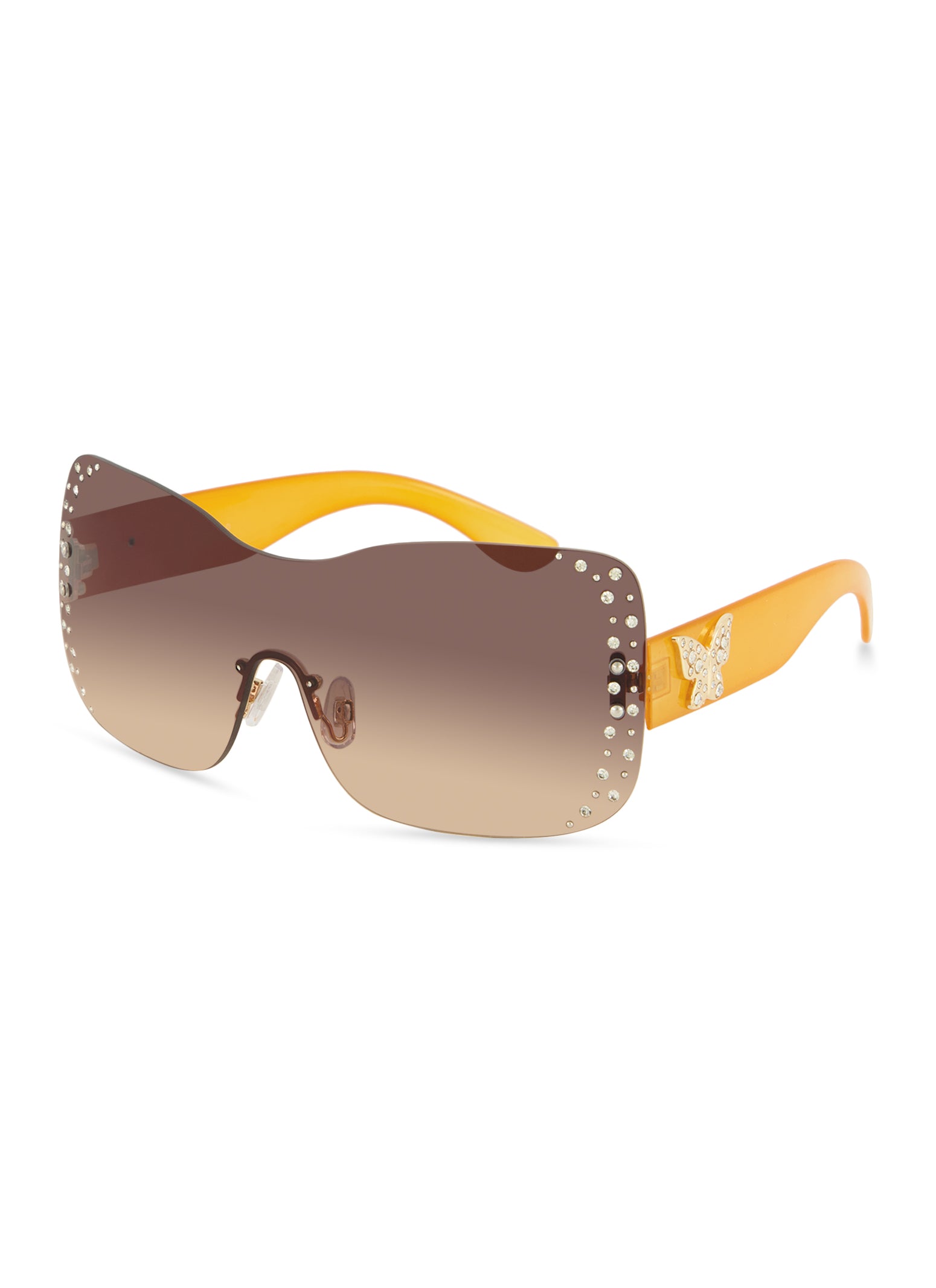 Rhinestone Flat Top Rimless Shield Sunglasses - Black