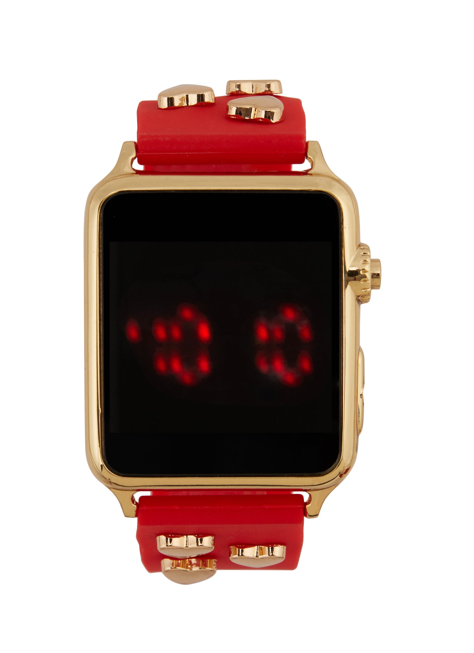 Womens Heart Studded Silicone Strap LED Watch, Red