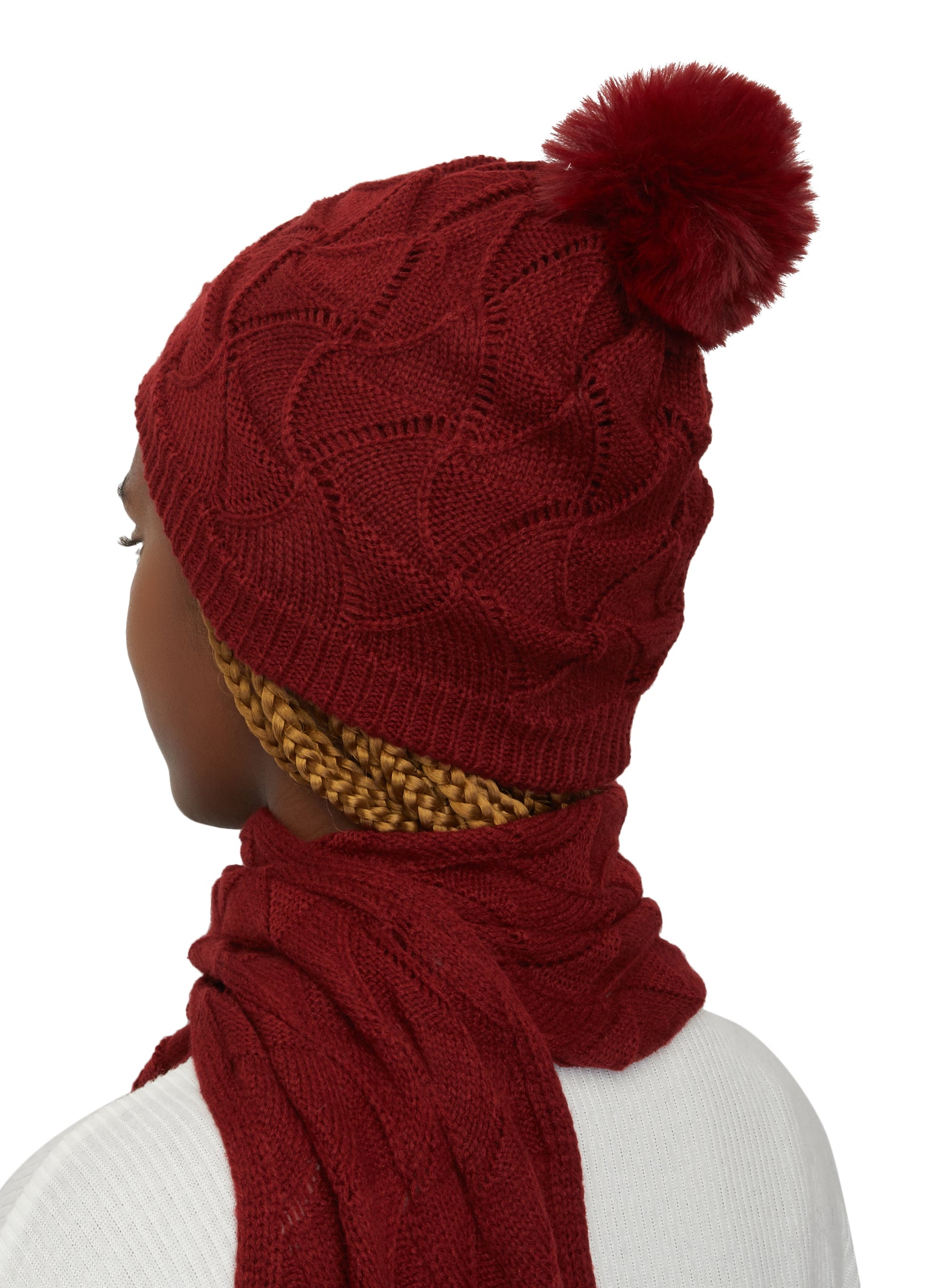 Womens Pointelle Knit Pom Pom Beanie with Scarf and Gloves, Burgundy