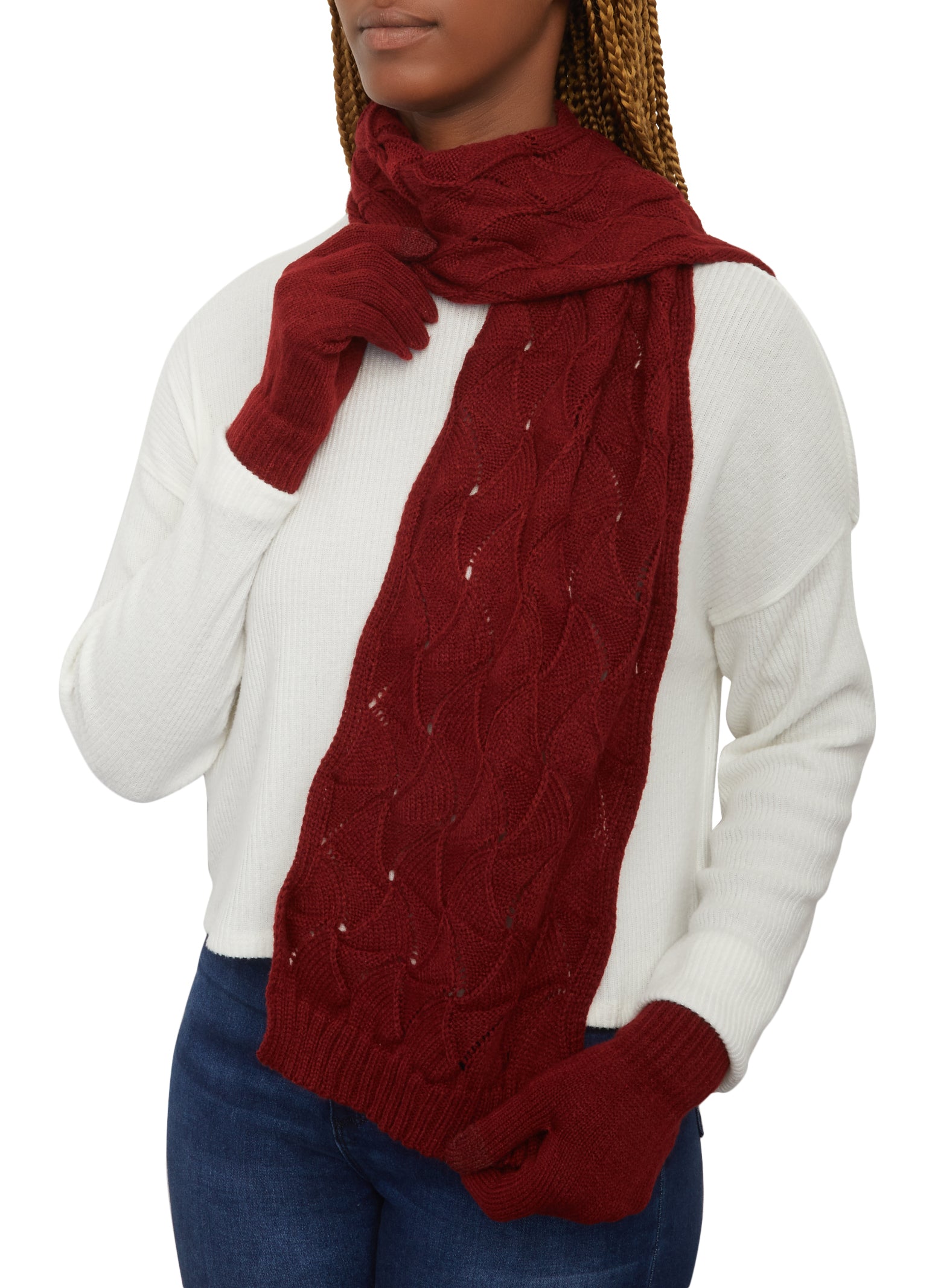 Womens Pointelle Knit Pom Pom Beanie with Scarf and Gloves, Burgundy