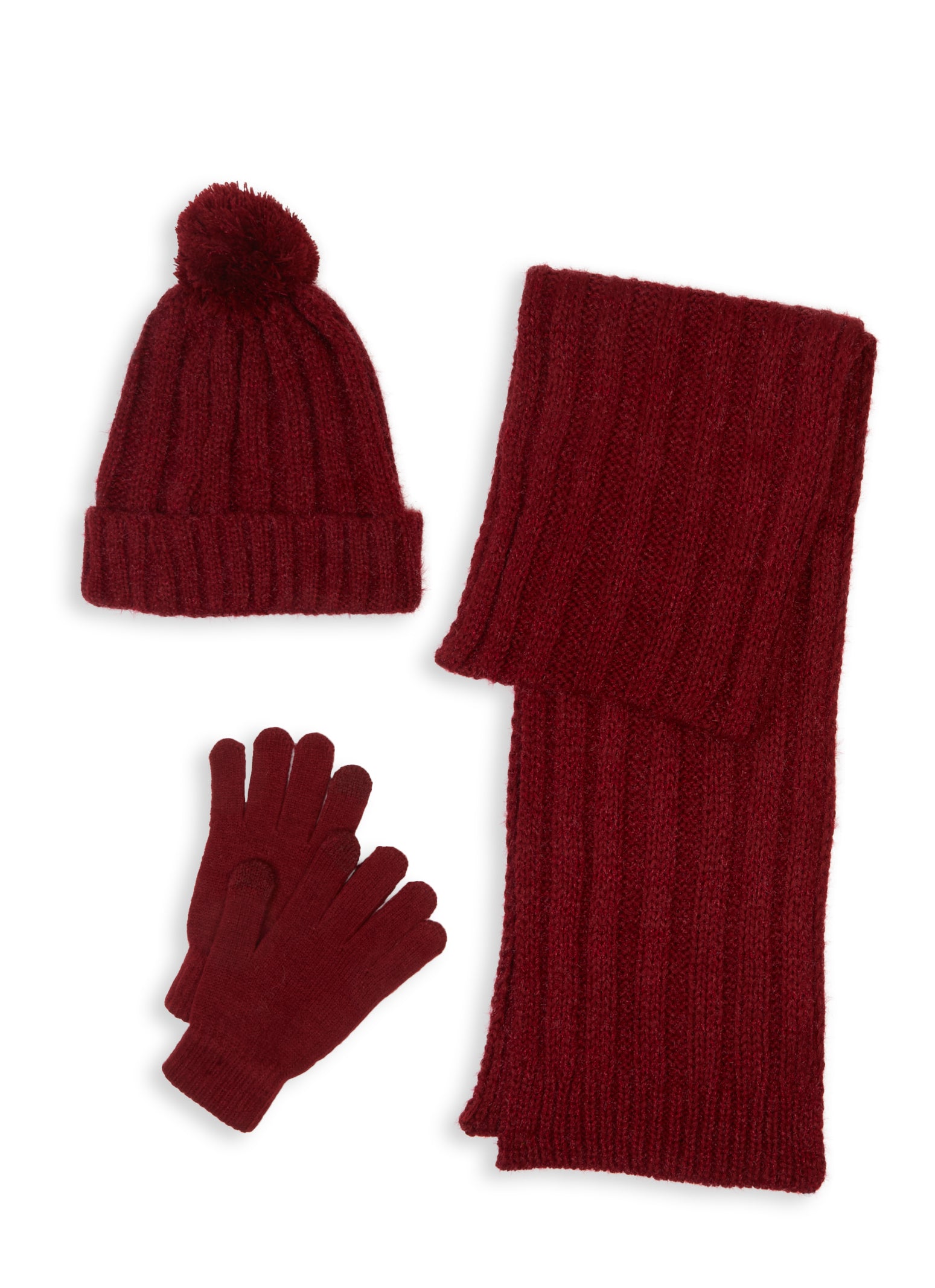 Womens Ribbed Knit Scarf with Pom Pom Beanie and Gloves, Burgundy