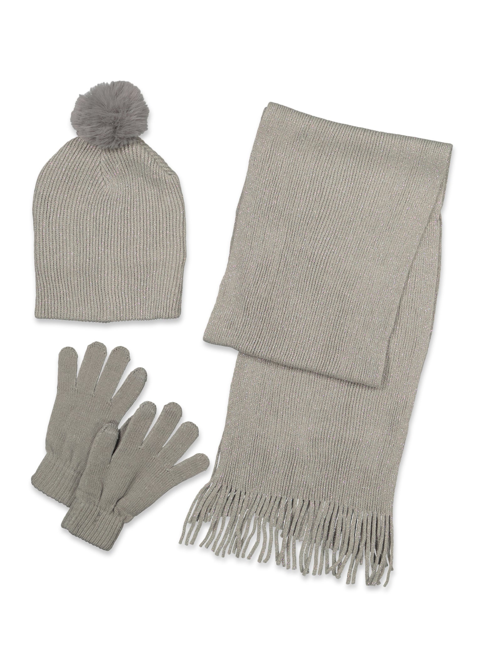 Womens Lurex Scarf and Pom Pom Beanie with Gloves, Grey