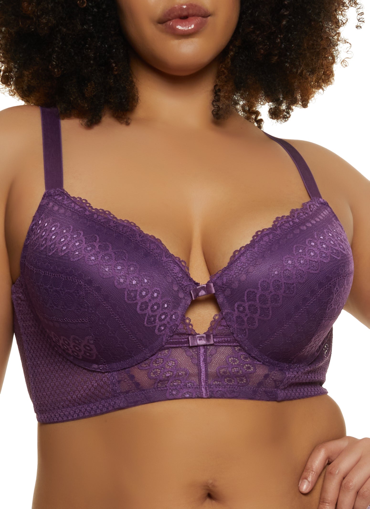 Rainbow Shops Womens Plus Size Lace Cut Out Front Longline Plunge Bra,  Purple, Size 44C