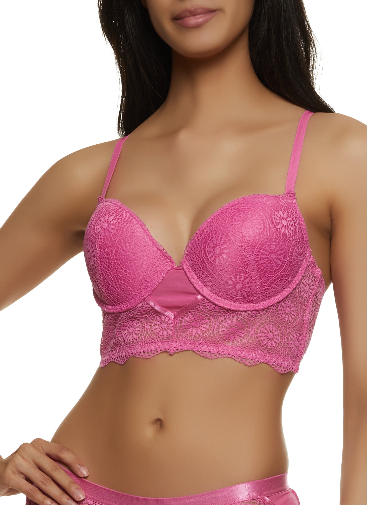 Womens Patterned Lace Longline Bra, Pink, Size 34D